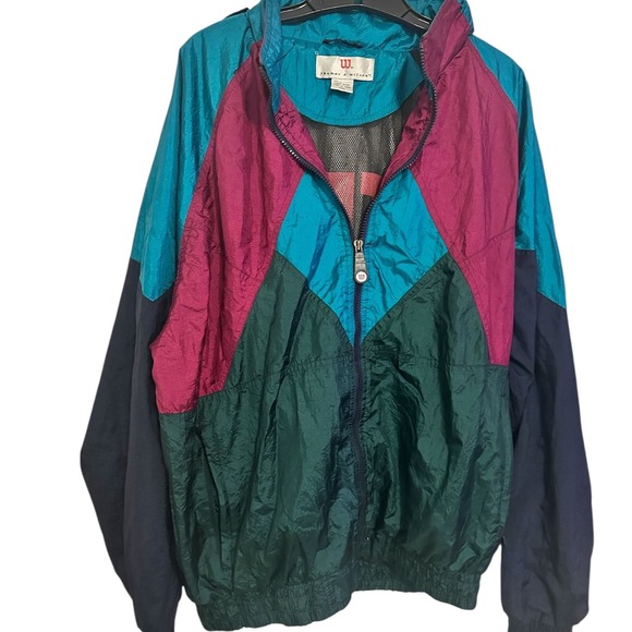 Vintage 80s Wilson Colorblock Windbreaker Jacket Teal Magenta Green XXL Nylon - Picture 2 of 11